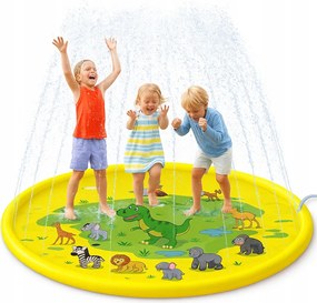 Vízi szőnyeg gyerekeknek 170 cm sárga dinoszauruszokkal, kerek szőnyeg szökőkúttal