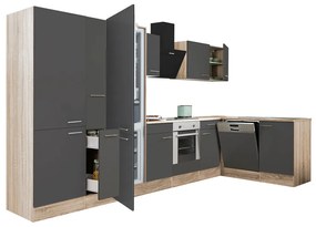 Yorki 370 sarok konyhablokk sonoma tölgy korpusz,selyemfényű antracit front alsó sütős elemmel polcos szekrénnyel, alulfagyasztós hűtős szekrénnyel