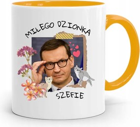 Sárga Politikus Bögre Mateusz Morawiecki Miniszterelnök fényképes nyomtatással