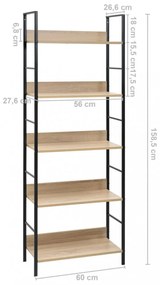 5 szintes tölgyszínű szerelt fa könyvespolc 60x27,6x158,5 cm