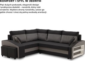 Grande sarokkanapé polcokkal és puffokkal , polc a jobb karfaban puffok a bal karfaban, baloldali, szövet anyag, hab töltet, fekete - szürke