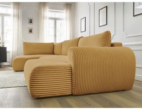 Mustársárga kordbársony kinyitható sarokkanapé (jobb oldali-U alakú) Lucien – Bobochic Paris