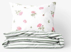 Goldea pamut ágyneműhuzat - pünkösdi rózsamintás, zsálya színű csíkos hátoldal 240 x 220 és 2db 70 x 90 cm