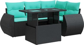 vidaXL 5 részes fekete polyrattan akácfa kerti kanapészett párnákkal