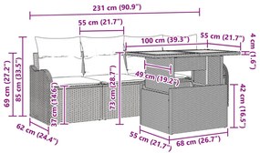5 darabos bézs kerti kanapé szett párnákkal, poli rattan, akác, 2 fős kerti kanapé párnákkal bézs poli rattan