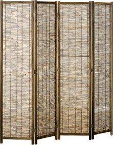HOMCOM 4-Felületű Összecsukható Szobafal 160 cm x 1.8 cm x 170 cm Rusztikus Stílusú Fa és Nádszövet Szobai Elkülönítő | Aosom