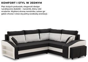 Grande sarokkanapé polcokkal és puffokkal , polc a bal karfaban puffok a jobb karfaban, jobboldali, szövet anyag, hab töltet, fekete - fehér