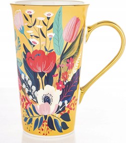 Glamour porcelán bögre 700 ml nagy, arany füllel, virág motívummal