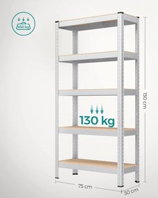 5 szintes polcrendszer, acél polcrendszer tároláshoz, csavarmentes összeszerelés, teherbírás 650 kg, 30 x 75 x 150 cm, ezüst
