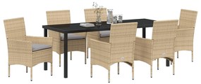 7 Részes Kerti Étkezőszett Párnákkal Bézs Polirattan, Kerti Asztal Fekete 200x80x73 cm Edzett Üveg