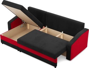 Hewlet sarokkanapé, 2 ágyneműtartóval, szövet anyag, univerzális oldal, hab töltet, fekete - piros