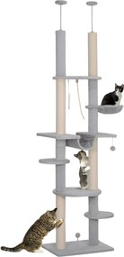 PawHut Padlótól a Mennyezetig Érő Macska Karfa 225-255 cm 7-Szintes Macska Kaparó Torony Hintaágyakkal, Platformokkal, Zsinórral és Labdával Szürke |