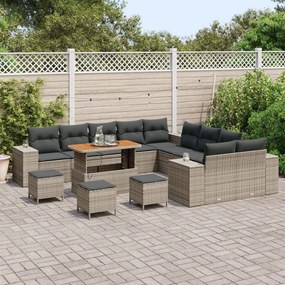 13 Darabos Kertibútor Szett Párnákkal Szürke Poli Rattan Akác, 3 Darabos Kerti Étkező Szett Párnákkal Szürke Poli Rattan Akác
