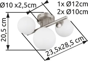 Globo 56140-3W Mennyezeti lámpa fém nikkel matt, üveg fehér, HxSzxM: 280x210x190mm, üveg átmérő: 2x10cm, 1x12cm, benne 3x G9 LED 3.5W 230V, 350lm forrás, 80lm kimenet, 3000K