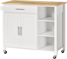 HOMCOM Konyhai Sziget Kerekeken Konyhai Tároló Kocsi 1 Fiókkal, 2 Ajtóval, 3 Nyitott Polccal és Oldalsó Karral Étkezőbe 107,5x48x89 cm Fehér | Aosom