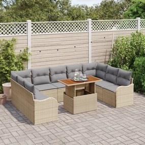 10 Darabos Kerti Kanapé Szett Párnákkal Bézs Poly Rattan Akáccal, 2 Fős Kerti Kanapé Párnákkal Bézs Poly Rattan