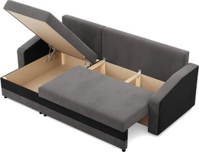 Hewlet sarokkanapé, 2 ágyneműtartóval, szövet anyag, univerzális oldal, bonell töltet, szürke - fekete