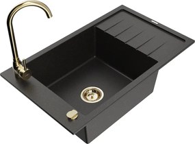 Mexen Elias egymedencés gránit mosogató csepegtetővel és Telma konyhai csappal, fekete/arany - 6511-75-670200-50