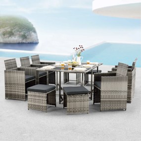 [en.casa] Kertibútor szet Laredo 11-részes XL asztal 6 fotel 4 puff szürke melír/fekete
