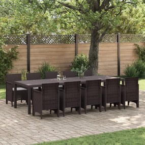 11 Részes Kerti Étkező Szett Párnákkal Barna Polirattan, Kerti Asztal Barna 150x100x73 cm Polirattan, Kerti Székek Párnákkal 2 db Barna Polirattan, Kerti Székek Párnákkal 4 db Barna Polirattan