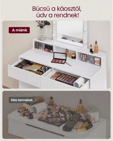 Sminkasztal LED világítással, tükörrel és 2 fiókkal, 100 x 40 x 145 cm, fehér