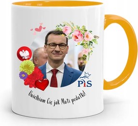 Sárga Politikus Bögre Mateusz Morawiecki Miniszterelnök fényképes nyomtatással