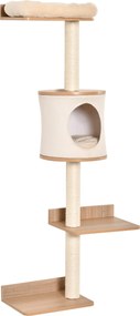PawHut Falra Szerelhető Macska Fa 38x30x149 cm Több Fából Készült Platformmal, Barlanggal, Felső Ággyal, Mosható Párnával, Zsineges Karcoló Oszlopokka