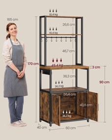 VASAGLE konyhai tárolópolc beépített elosztóval, 40 x 60 x 170 cm, rusztikus barna és fekete