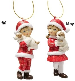 Karácsonyfadísz Piros ruhás kisfiú / kislány kutyával két féle / Lány