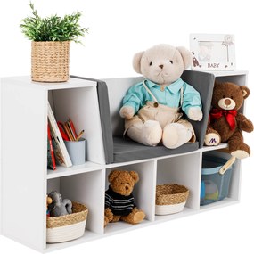 Gyerekkönyvtár ülőhellyel, fehér/szürke, FERIA