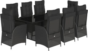 vidaXL 9 részes fekete polyrattan kerti étkezőgarnitúra párnákkal