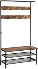 Előszoba fogas polccal, akasztókkal, cipőtartóval és ülőkével, rusztikus barna 97x41x182cm