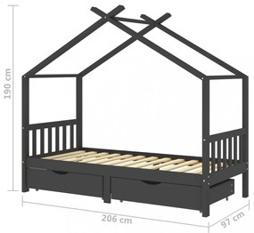 fiókos sötétszürke tömör fenyőfa gyerekágykeret 90 x 200 cm