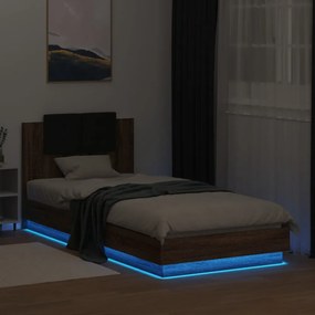 barna tölgy színű ágykeret fejtámlával és LED-ekkel 90 x 200 cm