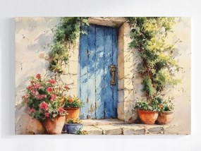 Poszter Tájkép Fal Kék Ajtó Virágok 120x80