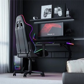 Gamer asztal számítógépasztal monitor állvánnyal, 120x60x69,5cm, alumínium / HDF, RGB LED fekete.