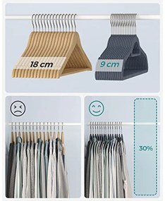 Bársony fogasok, 20 darabos ruhafogas készlet, világosszürke