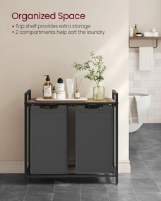 Szennyeskosár, 2 rekeszes szennyestartó, 2 × 46 l, 73 × 33 × 72 cm, tevebarna és szürke