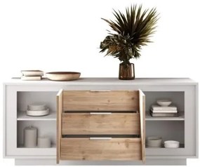 SKY 2.0 komód 2 ajtóval és 3 fiókkal, fehér matt lakkozott vázzal és Cadiz tölgy mintázatú laminált előlapokkal