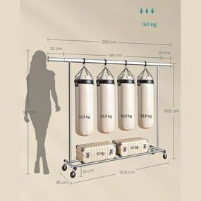 DOLLY ruharendező állvány, kerekekkel, max. 150 kg, 45x160-200x161,5cm, ezüst SongmicsHome