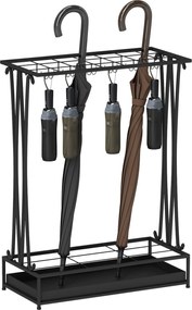 HOMCOM Fém Esernyő Tartó, Téglalap Alakú Esőernyő Állvány 24 Horoggal, 21 Nyílással, Kivehető Vízgyűjtő Tálcával 50 x 24 x 68 cm Fekete | Aosom