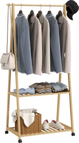 HOMCOM Bambusz Ruhatartó Kerekekkel, 2 Nyitott Polccal és 2 Horoggal - Ruhatartó Előszobába, Folyosóra, Hálószobába - 84,5x43,5x158 cm Természetes | A
