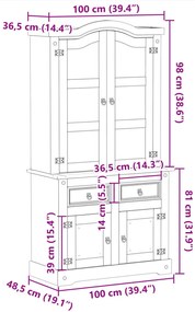 Corona tömör fenyőfa vitrinszekrény 100 x 48,5 x 179 cm
