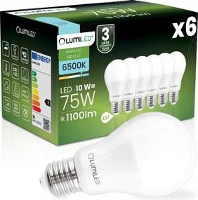 6x Led izzó E27 10W 75W 1100lm 6500K Hideg Fehér Prémium EMC2 Lumiled