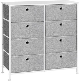 Komód, tárolóegység 8 könnyen kihúzható textilfiókkal, világosszürke és fehér színben