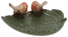 Levél alakú kerámia madáritató és madáretető, kismadár dekorációval