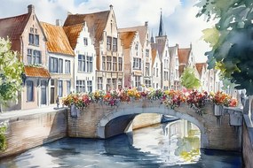 Vászonkép Canvas Város Óváros Belgium Brugge Híd Virágok 60x40