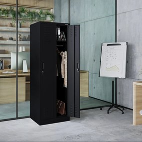 Pléh öltözőszekrény talpazaton, négymodulos, polcokkal KACPER II, 600 x 1800 x 500 mm, fekete