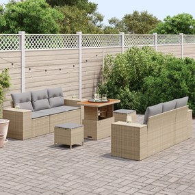 9 Darabos Kerti Kanapé Szett Párnákkal Bézs Poly Rattan Akáciával, 3 Darabos Kerti Étkezőszett Párnákkal Bézs Poly Rattan Akáciával