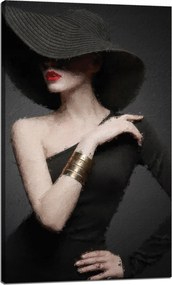 Vászonkép Elegáns Nő Fekete Kalap Piros Száj 60x100 cm